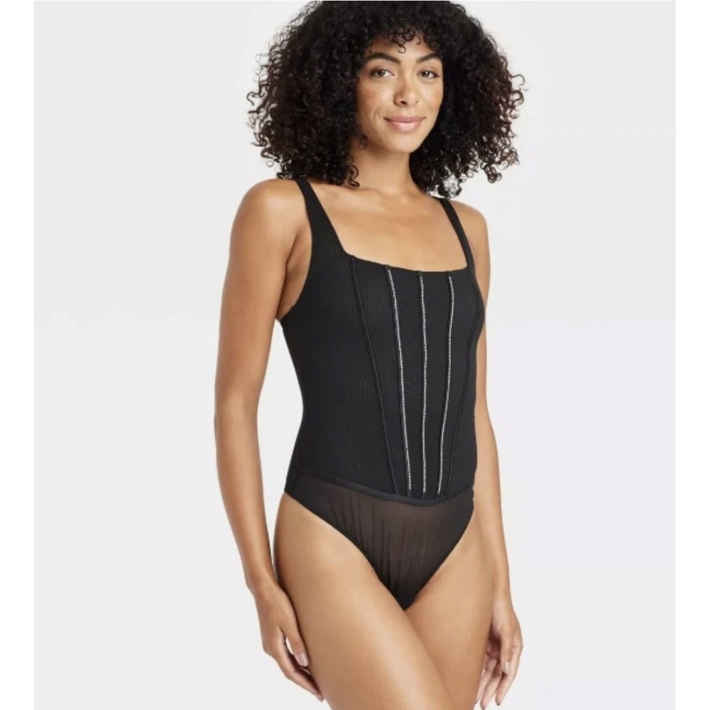 Women's Black Rhinestone Lingerie Bodysuit - Auden™ Size S Mesh Minimalist